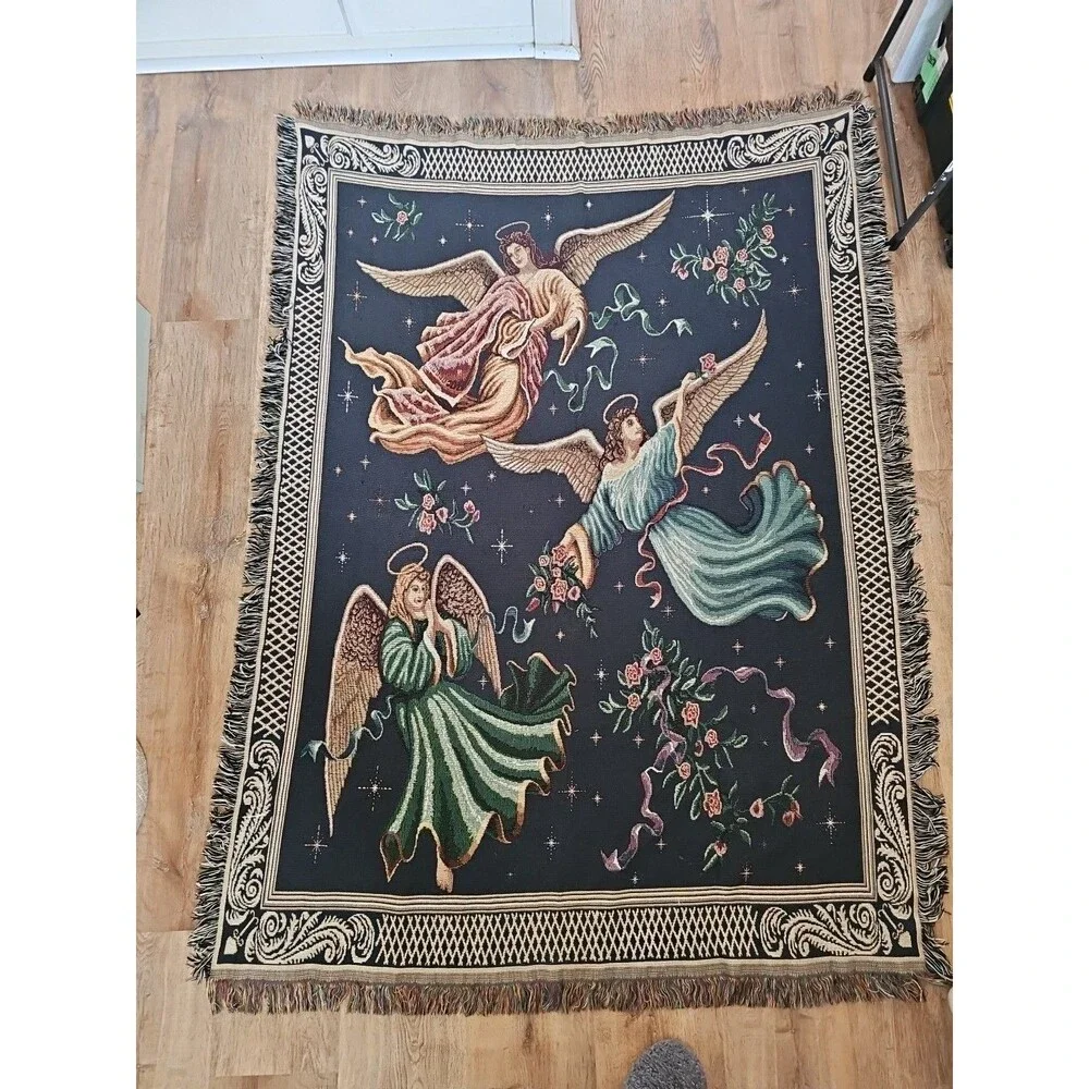 Angels On High Fringed Tapestry.  72in x54in. Spiritual,  Heavenly. READ